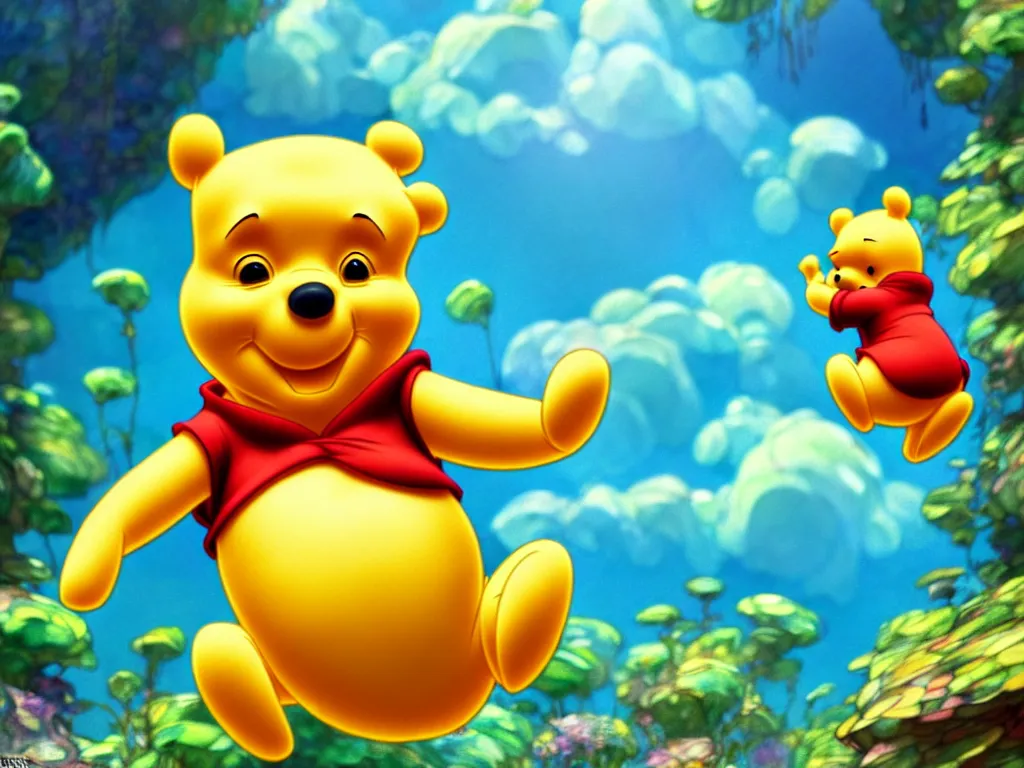 Prompt: the beautiful cartoon animation render a single lovely winnie the pooh wearing paper diapers, pop art, hyper detailed, underwater world, in the style of makoto shinkai, raphael lacoste louis comfort tiffany, artgerm, karol bak, james jean, ross tran, 8 k hd, fine texture structure, 3 drender