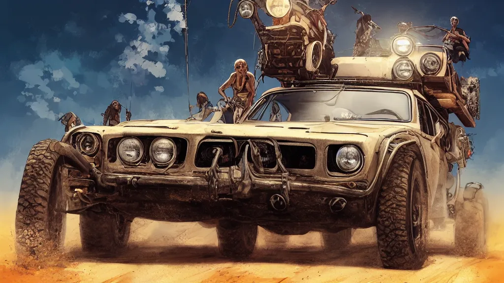 Image similar to digital illustration of mad max's fj 4 0 pursuit special riding fury road eternal shiny and chrome, the last v 8 interceptor driving down to the gates of valhalla highway in the middle of the day, anime style, year 2 0 9 3, by makoto shinkai, ilya kuvshinov, lois van baarle, rossdraws, basquiat