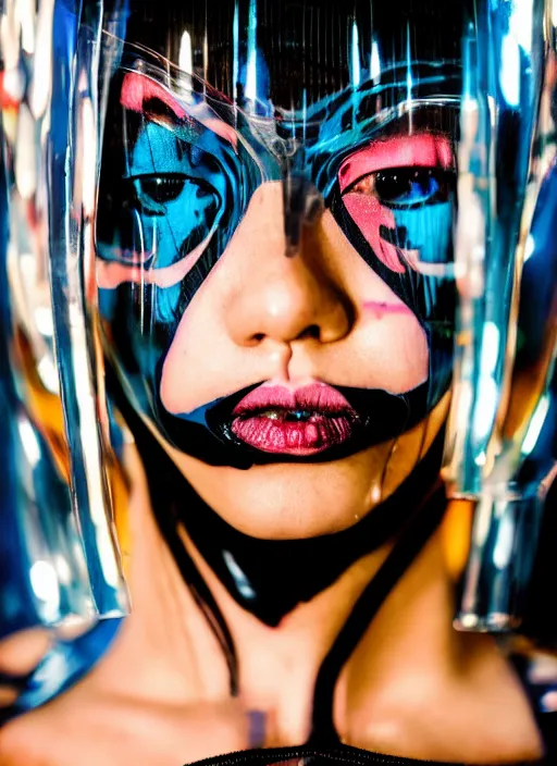 Image similar to a close-up risograph long shot of cyberpunk japanese model girl with black eyes and pretty face wearing latex catsuit and lots of transparent and cellophane accessories, blue hour, twilight, cool, portrait, Kodachrome, ISO1200,