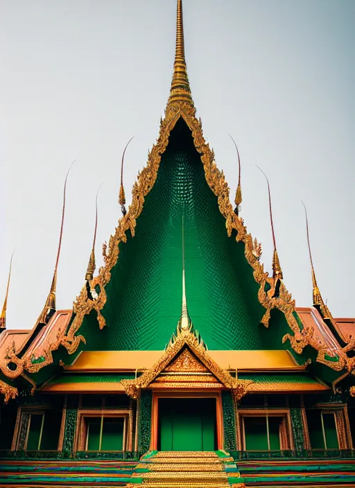 Image similar to emerald buddha temple designed by bjarke ingels, high lights, 4 k, high detailed photography, 5 0 mm lens, depth of field, cinematic