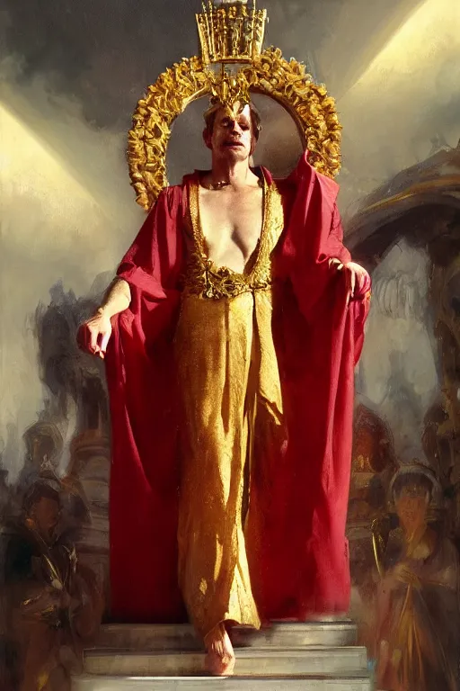 Image similar to beautiful portrait oil painting, steve buscemi wearing a golden wreath crown in royal crimson robes enthroned as the god emperor of ancient rome, mid - shot, by anders zorn, wonderful masterpiece by greg rutkowski, beautiful cinematic light, american romanticism, by thomas lawrence, greg rutkowski