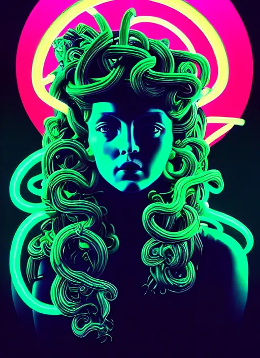 Image similar to statue of medusa, beeple, android jones, liam wong, ( ( ( ( ( dan mumford ) ) ) ) ), vaporwave, retrowave, black background, neon wiring, black, glitch, strong contrast, cuts, pinterest, trending on artstation