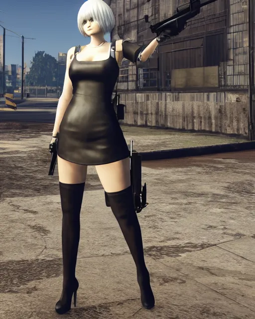 Prompt: 2B from Nier Automata and with slender body type standing in front of a large building holding a pistol, GTA 5 loading screen cover, 8k
