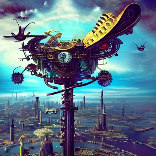 Image similar to flying city ontop of a mechanical flower, sky, fantasy art, steampunk