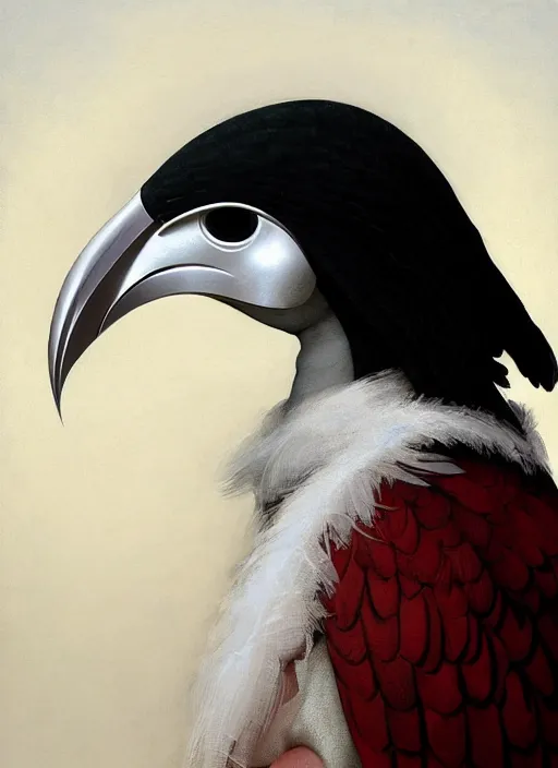 Prompt: rpg! profile! portrait of humanoid bird wearing white cloak on white background, beak, feathers, plague doctor, intricate, highly detailed, digital painting, artstation, concept art, smooth, sharp focus, illustration, art by norman rockwell emiliano ponzi andrey remnev yoann lossel aaron jasinski, 8 k