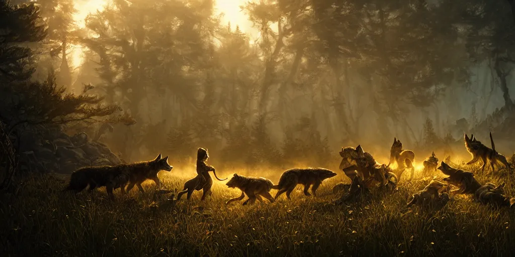 Image similar to the elder scrolls vi, wolves and their treasures, painted, intricate, volumetric lighting, beautiful, daytime, sunny weather, slight overcast, golden hour, sharp focus, deep colours, ultra detailed, by leesha hannigan, ross tran, thierry doizon, kai carpenter, ignacio fernandez rios