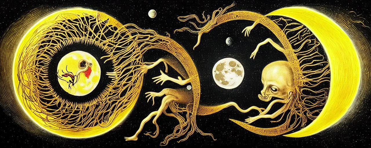 Image similar to a surreal creature with a mouth of gold radiates a unique canto'as above so below'to the moon, while being ignited by the spirit of haeckel and robert fludd, breakthrough is iminent, glory be to the magic within, in honor of saturn, painted by ronny khalil