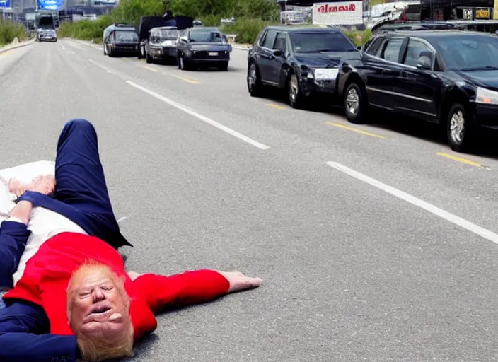 Image similar to donald trump sleeping in the middle of a busy highway