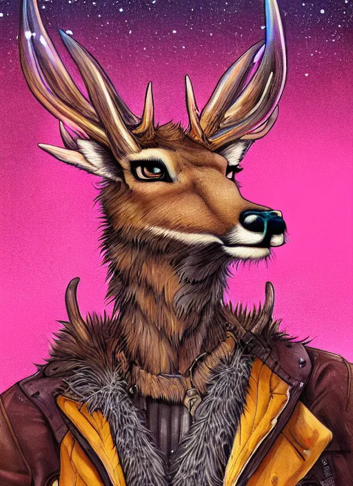 Image similar to aesthetic portrait commission of a of a male fully furry anthro deer with a tail and a beautiful attractive hyperdetailed face wearing wearing a outfit in a sci - fi dystopian city at golden hour while it storms in the background. character design by dayer, diego 5, detailed, inked, western comic book art, award winning film poster painting