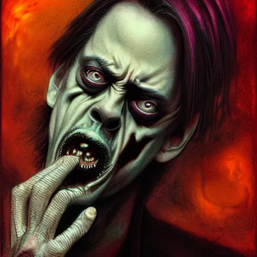 Image similar to disturbing grunge still of a lovecraftian demon infested steve buscemi, crayon horror art in dark and muted colors, by arthur adams, by tom bagshaw, by henry asencio, by kikuchi hideyuki