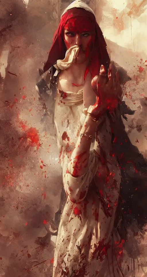 Image similar to arabian princess crying blood in War scene ,digital art,ultra realistic,ultra detailed, ultra wide Lens, art by greg rutkowski