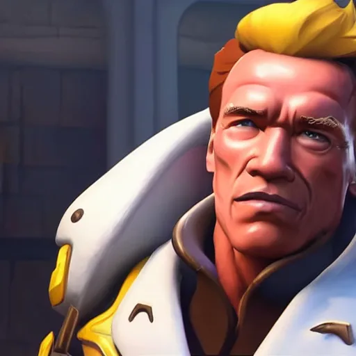 Image similar to a screenshot of arnold schwarzenegger as mercy in overwatch