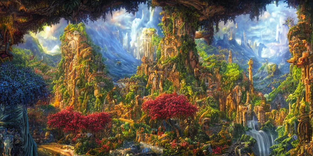 Image similar to fantasy oil painting, regale, fortress mega structure city, atlantis, colossus of rhodes gateway, hybrid, looming, warm lighting, overlooking, epic, lush plants flowers, rainforest mountains, bright clouds, luminous sky, outer worlds, cinematic lighting, michael cheval, michael whelan, oil painting, natural tpose