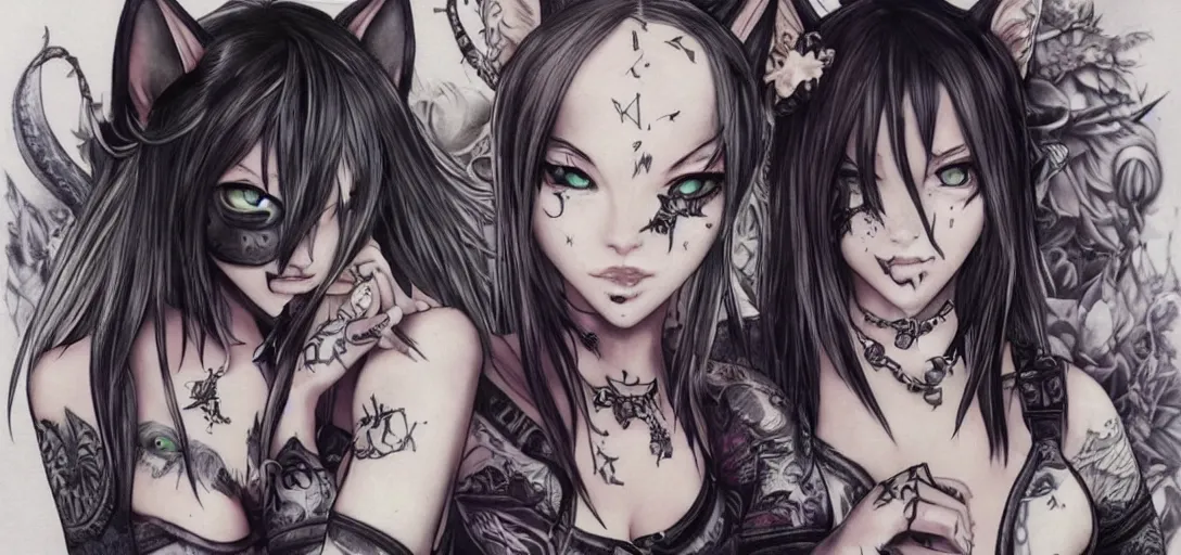 Image similar to cat girl with tattoos final fantasy 14 gothic dark