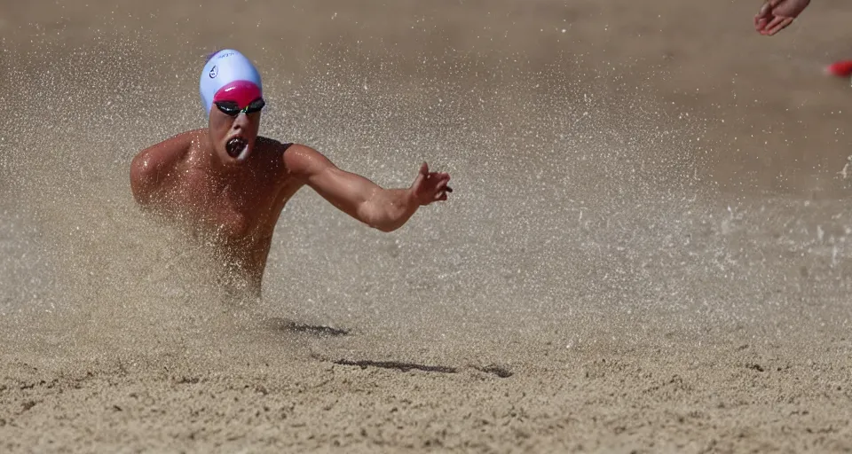 Image similar to olympic swimming in sand instead of water, extremely coherent, motion blur