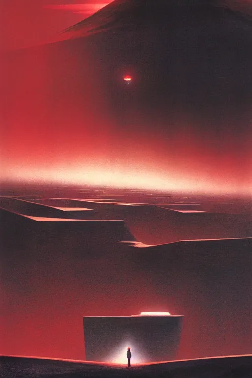 Image similar to emissary mountain space by arthur haas and bruce pennington and john schoenherr, cinematic matte painting, zaha hadid building, red lights, photo realism, dark monochrome color palate, rule of thirds