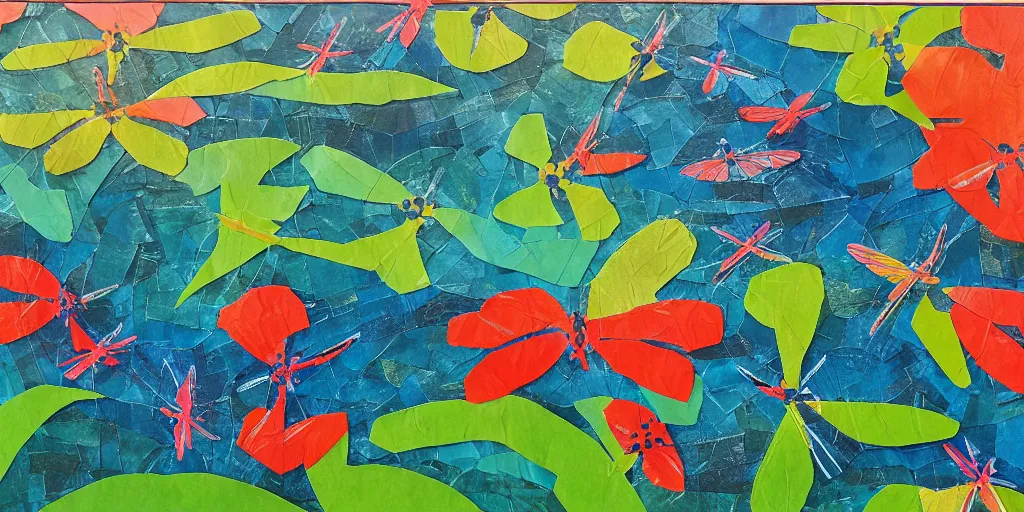 Image similar to dragonflies darting above a peaceful stream. hand - painted collage cut paper. by eric carle