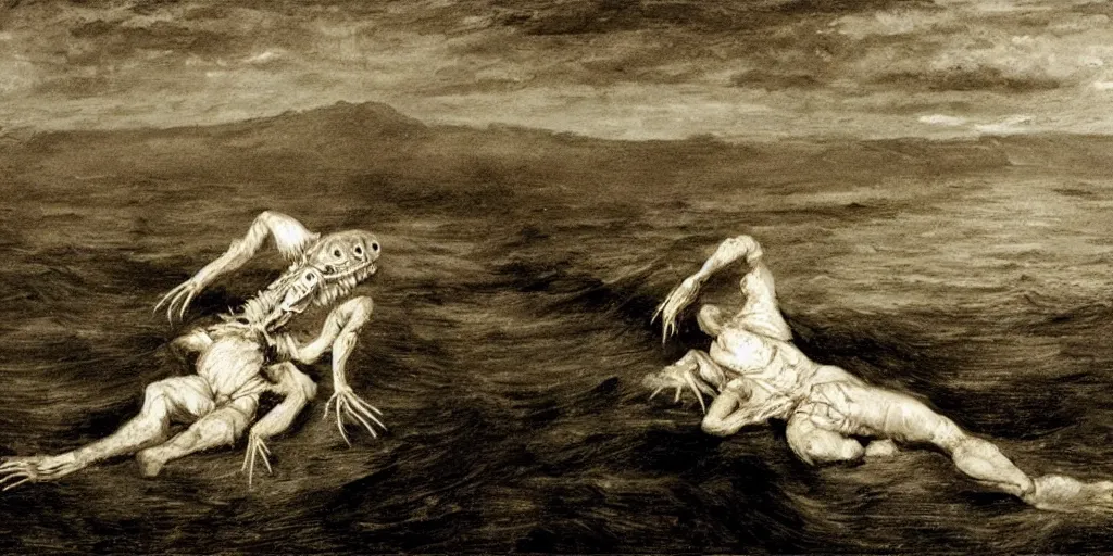 Prompt: hyperrealism Baptism on the river, monster spider in style of Goya