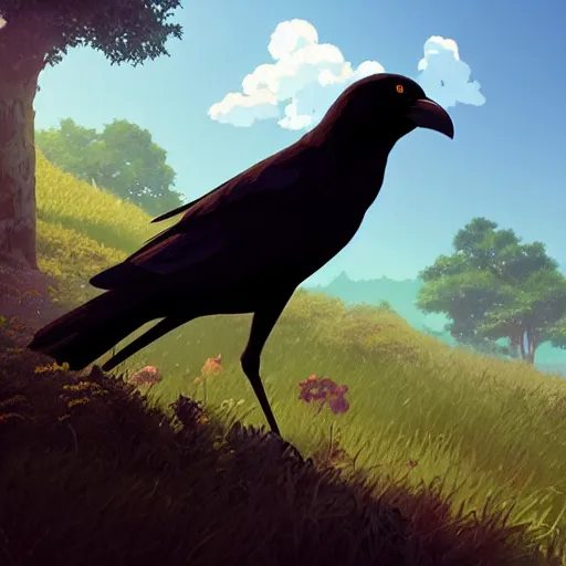 Prompt: a wholesome animation key shot of a crow on a hill, portrait shot, centered subject, studio ghibli, pixar and disney animation, sharp, rendered in unreal engine 5, anime key art by greg rutkowski, bloom, dramatic lighting