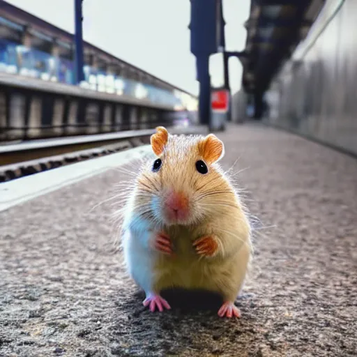 Prompt: detailed photo of a hamster waiting for the train, various poses, full body, unedited, daylight, dof 8 k