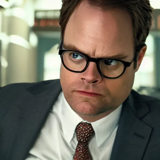 Image similar to rainn wilson as michael scott, splash art, movie still, cinematic lighting, ray tracing, detailed face, octane render, long lens, shallow depth of field, bokeh, anamorphic lens flare, 8 k, hyper detailed, 3 5 mm film grain