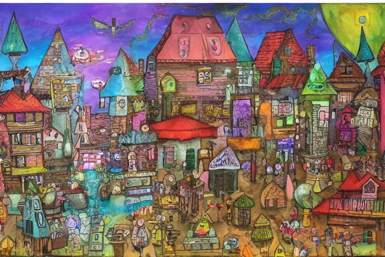 Image similar to a fantasy town, mixed media on canvas, 2 d, whimsical,