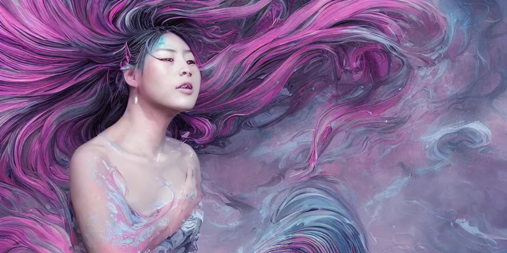 Prompt: a portrait of a very beautiful young asian goddess with pink and grey hair radiating an artwork made of swirling paint and impasto by wlop and ian mcque, background is multicoloured volumetric displacement, hyperrealism, subsurface scattering, arnold render, noise to volume, 8 k, houdini, xparticles