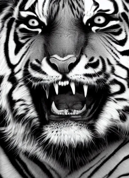 Prompt: a black and white photo of a tiger, a photorealistic painting by christian w. staudinger, behance, hyperrealism, hyper realism, majestic, wallpaper