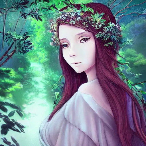 Image similar to “portrait of a pretty goddess in a magical forest, beautiful, highly detailed, photoshop, digital art, ghibli”