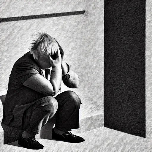 Prompt: Boris Johnson digital art crying on the naughty step with a pool of tears under him, 8k, perfect lighting, high contrast, wide-angle, Nikon mirrorless, sad, brexit, flickr