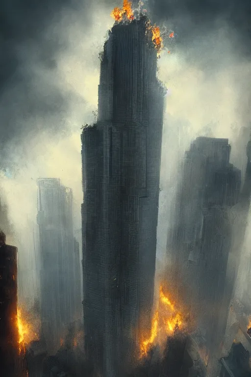 Prompt: a stark depiction of burning skyscrapers and smoke, featured on artstation