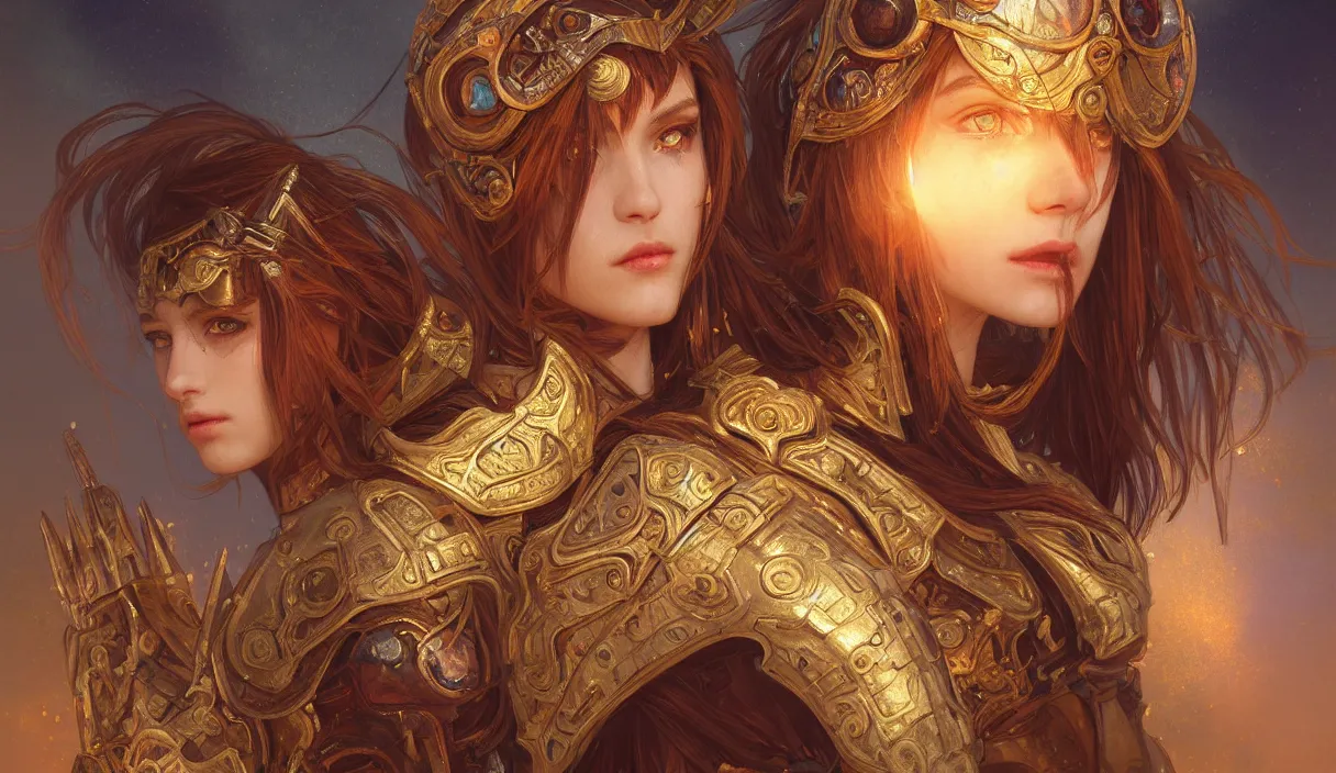 Prompt: portrait light brown hair knights of zodiac girl, metalic orange and dark blue reflected armor, in ruined agora of athens, ssci - fi, fantasy, intricate, very very beautiful, elegant, golden light, highly detailed, digital painting, artstation, concept art, smooth, sharp focus, illustration, art by tian zi and wlop and alphonse mucha