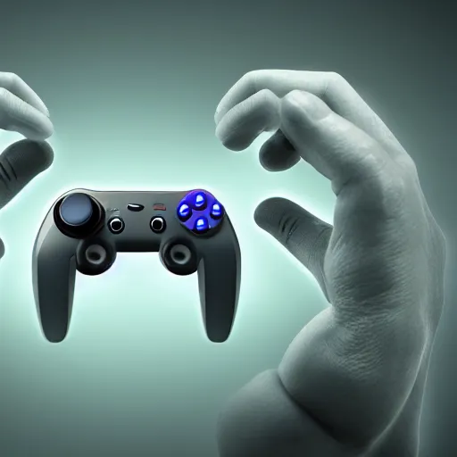 Image similar to a video game controller merging with someone's head, while they are still holding onto the controller,