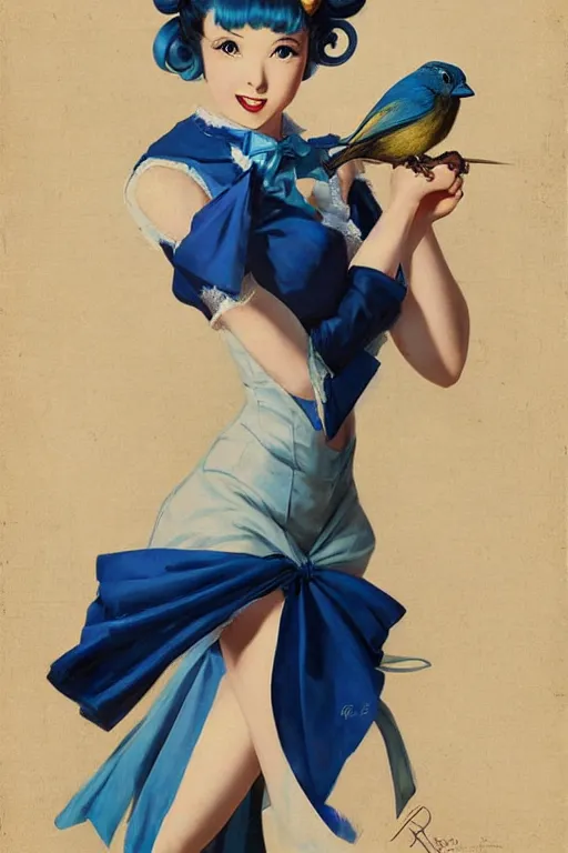 Image similar to anime pinup girl holding an indigo bunting, bird, the bird is wearing a bowtie, by greg rutkowski, rossdraws, gil elvgren, enoch bolles, anime, porcelain skin, very coherent