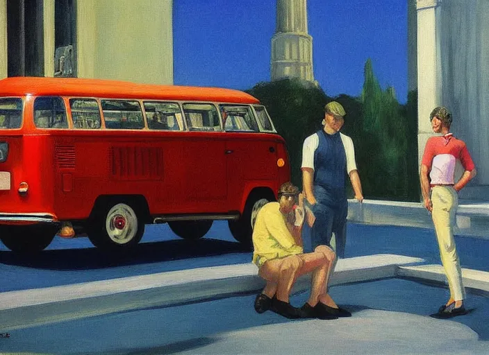 Image similar to detailed painting two young men and women near blue vw bus by edward hopper, bernardo bertolucci dreamers movie scene