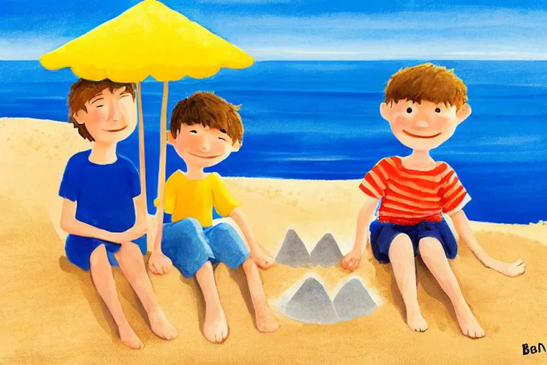 Image similar to Two happy children sitting on the beach making sandcastles, blue sky, HD, by Benji Davies