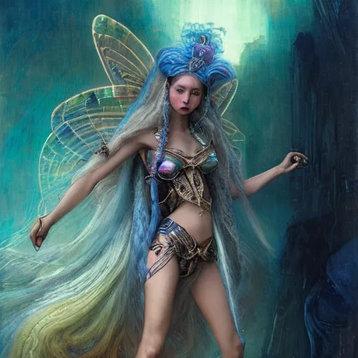 Prompt: techno mystic princess intergalactica, with aqua neon rapunzel dreadlocks, wearing labradorite full body armor, nautical siren mermaid with iridescent fairy wings, elf ears, by gaston bussiere, bayard wu, greg rutkowski, h. r. giger, maxim verehin, greg rutkowski, masterpiece, sharp focus,