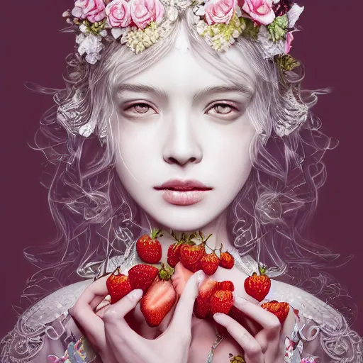 Image similar to the portrait of an absurdly beautiful, graceful, elegant, sophisticated, fashionable young woman made of strawberries and white petals with tears, an ultrafine hyperdetailed illustration by kim jung gi, irakli nadar, intricate linework, bright colors, octopath traveler, final fantasy, unreal engine 5 highly rendered, global illumination, radiant light, detailed and intricate environment