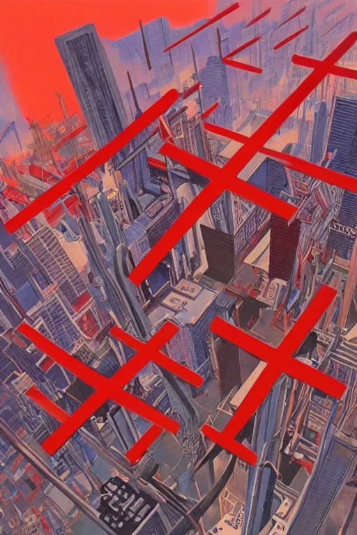 Image similar to Three giant red crosses in the center of a city from Neon Genesis Evangelion by Peter Elson