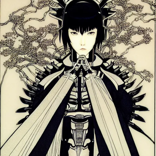 Prompt: prompt : black and white portrait soft light painted by takato yamamoto, tiara mecha attributes and armor, inspired by ghost in shell anime, smooth face feature, intricate oil painting, high detail, sharp high detail, manga and anime 1 9 8 0