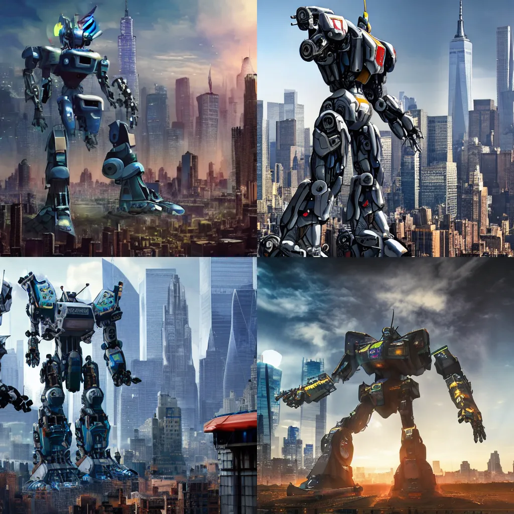 Prompt: Giant Mecha robot, people standing in foreground, New York City in the background, fantasy, 8k high definition, ultra-detailed, epic, magic