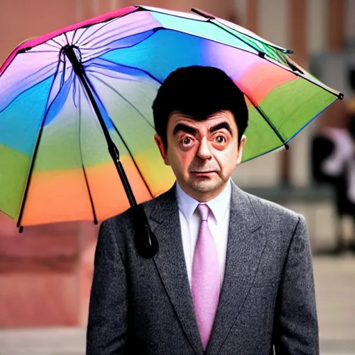 Image similar to rowan atkinson dressed as a traditional korean man posing with an umbrella, cinematic shot, dynamic lighting, close up, impressive winning photo, pastel colors