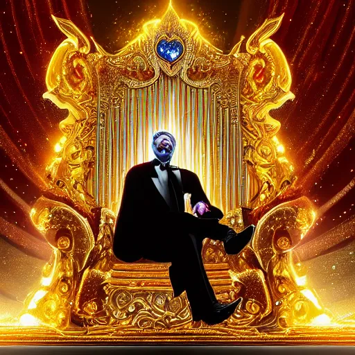 Image similar to shining giant throne made of millions of diamonds, gold and sapphires with thousands of light reflections, and a clown on a tuxedo suit is sitting on the throne while handing an earth model, dramatic light, digital painting, ultradetailed, artstation, oil painting