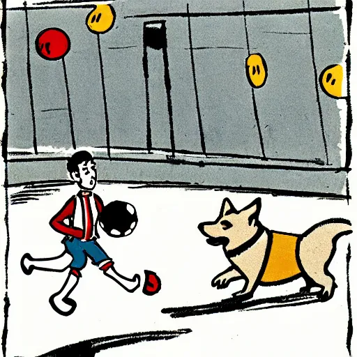 Image similar to illustration of french boy on the streets of paris playing football against a corgi, the dog is wearing a polka dot scarf, comic, 1 9 6 6