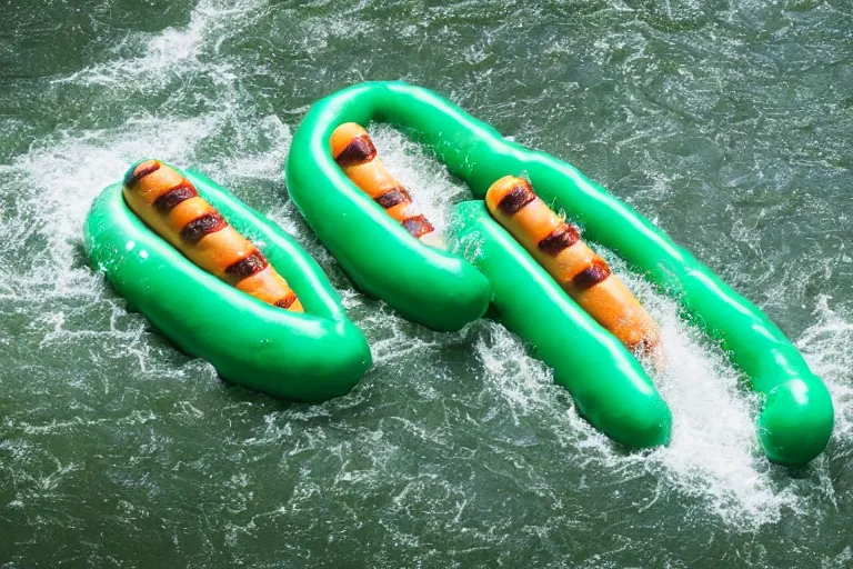 Image similar to a photo of giant green and blue hot dogs floating down a river