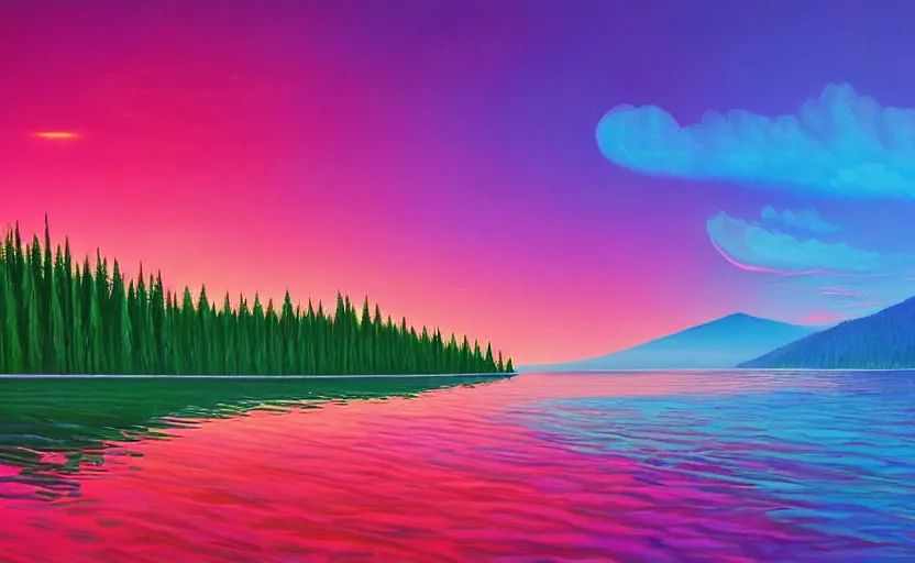 Image similar to beautiful award winning synthwave painting of a canadian lake, extreme detail, digital art, 4 k, ultra hd