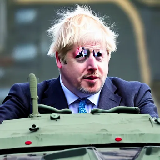 Image similar to A long shot of Boris Johnson in a tank, 4k, ultra HD