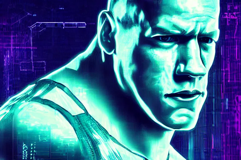 Image similar to a digital portrait of john cena, cyberpunk, glitchcore, synthwave art, artstation art, night, professional light