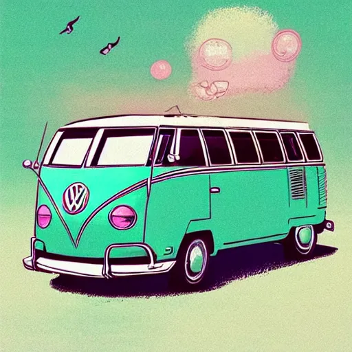 Image similar to illustration of an old van volkswagen, may 6 8, pastel colors, cool, hippie by victo ngai