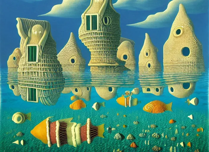 Prompt: underwater city with fish citizens inside!! the seashell, small scandinavian houses, little people!!, by jacek yerka by magritte, surrealistic painting, masterpiece, oil painting, sharp focus, highly detailed, intricate, smooth, 8 k,